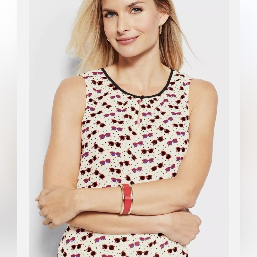 Talbots Cream Red Sunglasses Dot Patterned Tank Top Medium Very